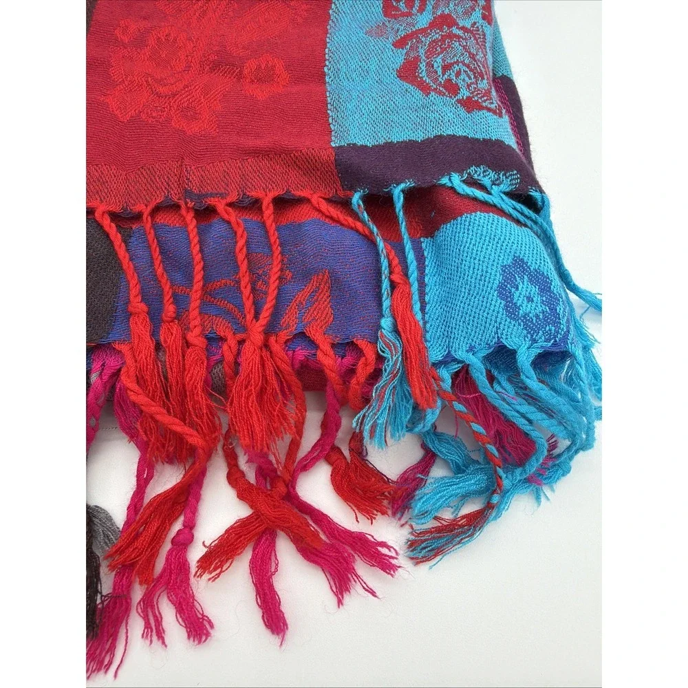 100% Cashmere Shawl Wrap Patchwork Rose Paisley Scarf Fringed Quiet Luxury 80x26